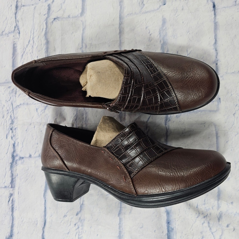 Easy Street Ankle Booties Womens 11 M Brown Croc Embossed Zip Comfort Block Heel